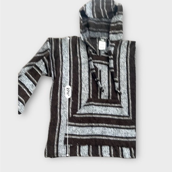 Authentic Mexican Baja woven pullover hoodie boxy wide stripes black gray WomenM - Picture 9 of 12